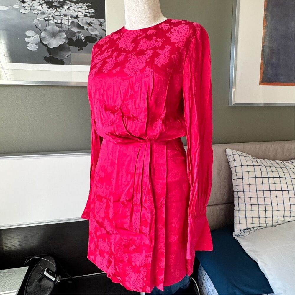 /  & Other Stories Gathered Satin Jacquard Mini Dress Fuchsia Pink Paris US Zero